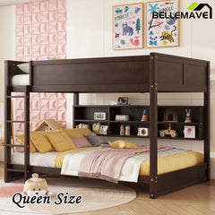 Bellemave® Queen Size Solid Pine Wood Bunk Bed with Built - in Storage Cabinets, Charging Station, Ladder, Safety Guardrails - Bellemave