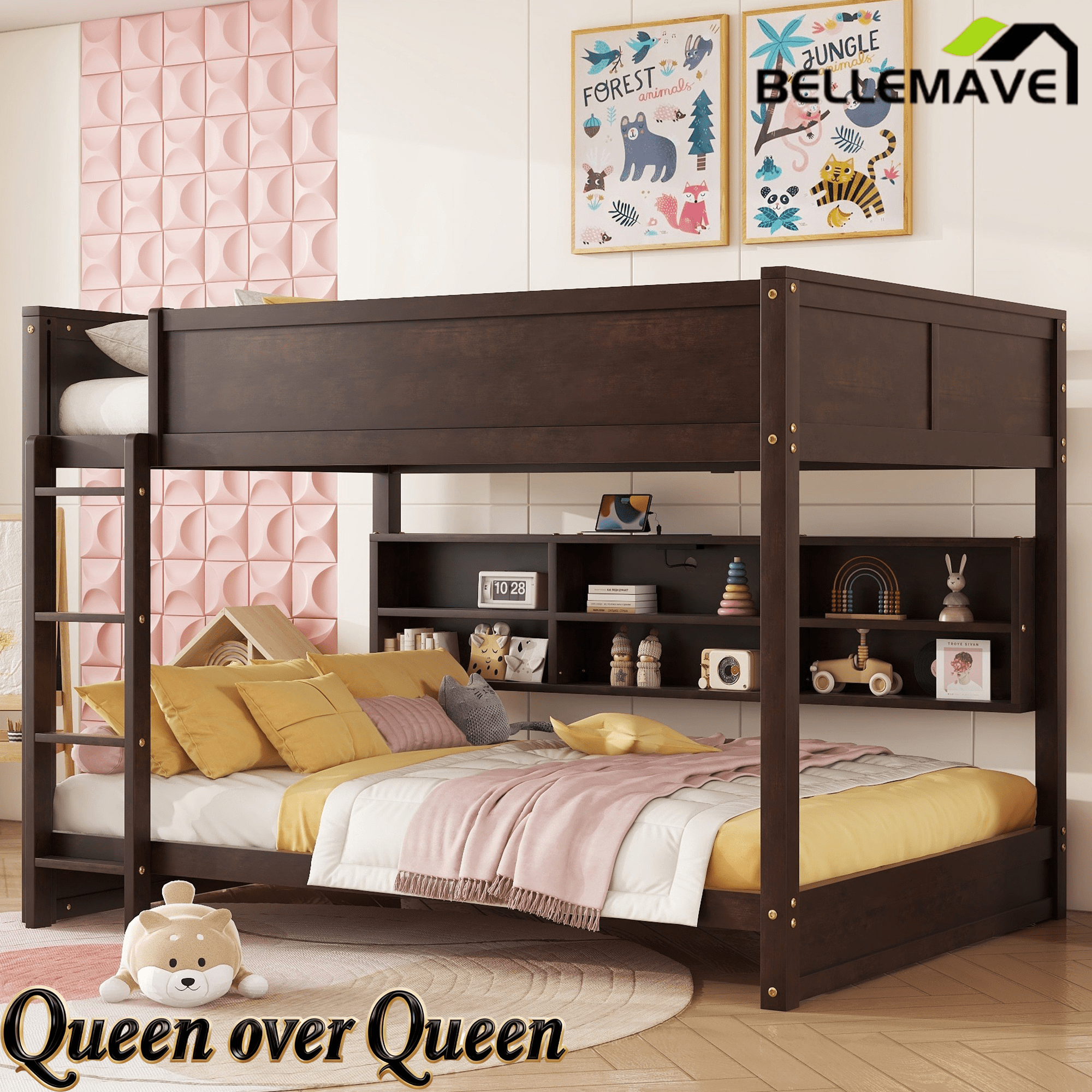 Bellemave® Queen Size Solid Pine Wood Bunk Bed with Built - in Storage Cabinets, Charging Station, Ladder, Safety Guardrails - Bellemave