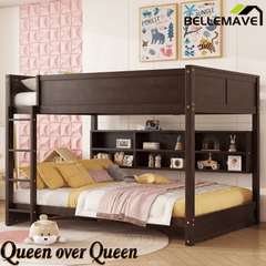 Bellemave® Queen Size Solid Pine Wood Bunk Bed with Built - in Storage Cabinets, Charging Station, Ladder, Safety Guardrails - Bellemave