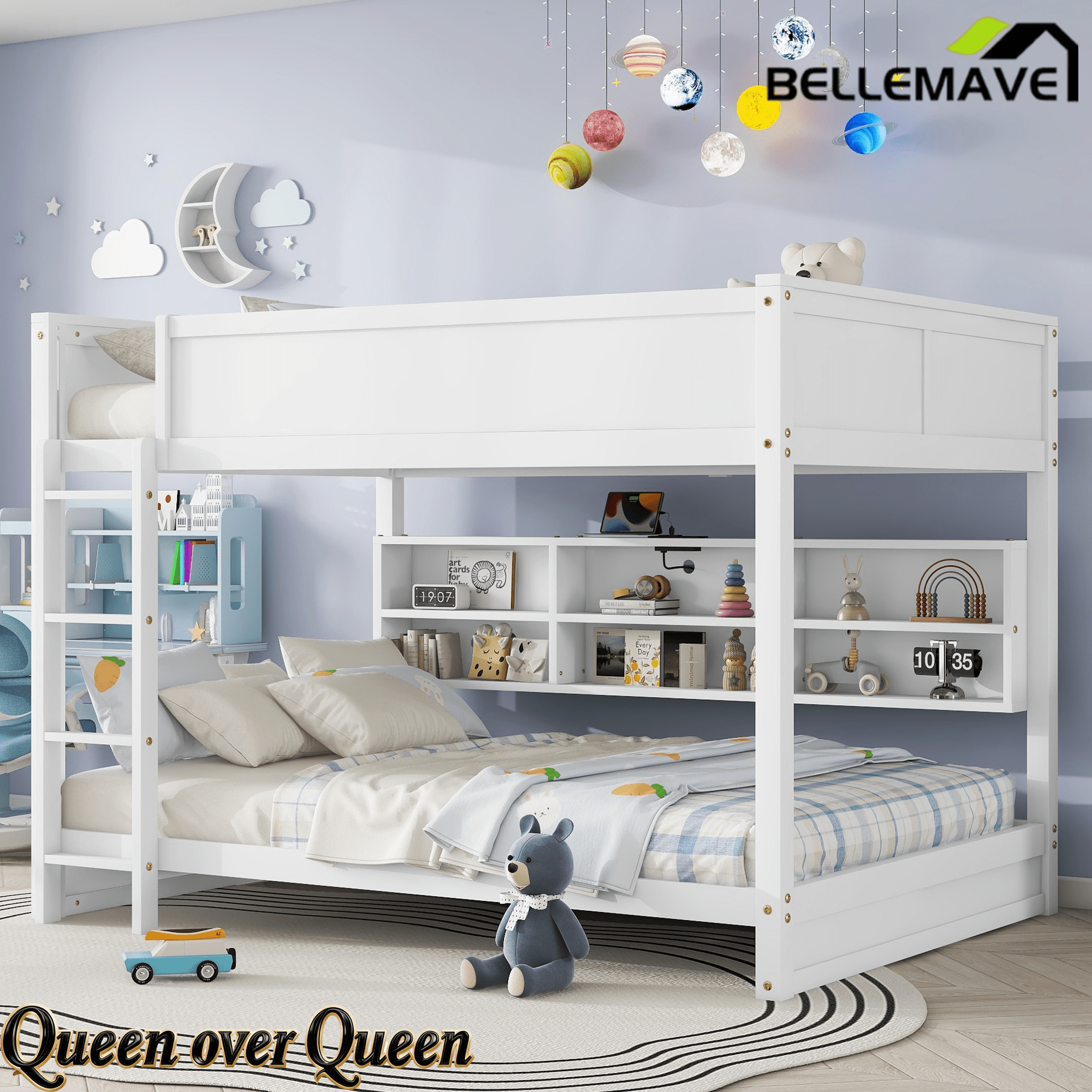 Bellemave® Queen Size Solid Pine Wood Bunk Bed with Built - in Storage Cabinets, Charging Station, Ladder, Safety Guardrails - Bellemave