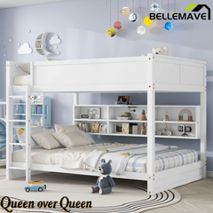 Bellemave® Queen Size Solid Pine Wood Bunk Bed with Built - in Storage Cabinets, Charging Station, Ladder, Safety Guardrails - Bellemave