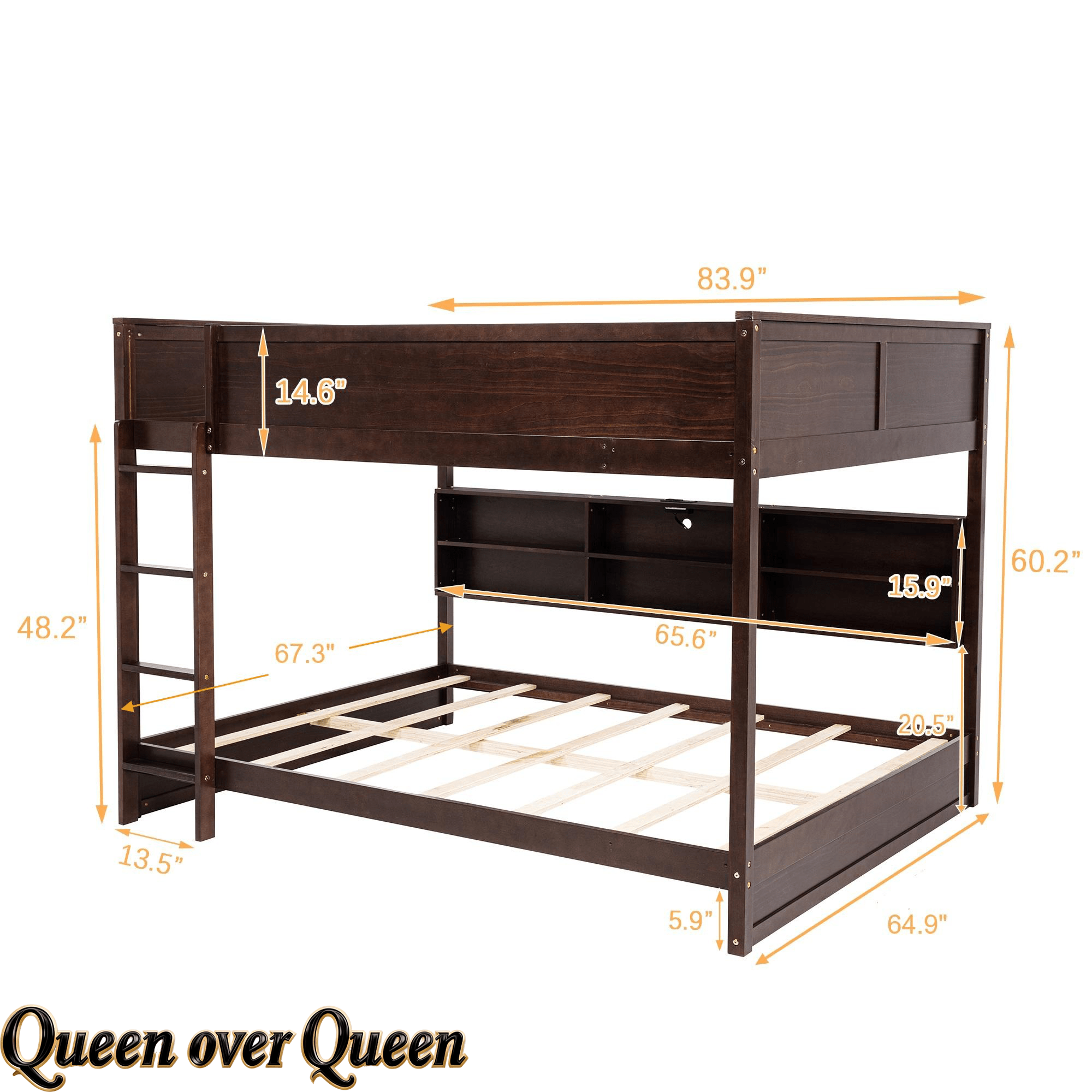Bellemave® Queen Size Solid Pine Wood Bunk Bed with Built - in Storage Cabinets, Charging Station, Ladder, Safety Guardrails - Bellemave