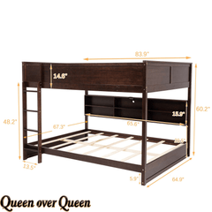 Bellemave® Queen Size Solid Pine Wood Bunk Bed with Built - in Storage Cabinets, Charging Station, Ladder, Safety Guardrails - Bellemave