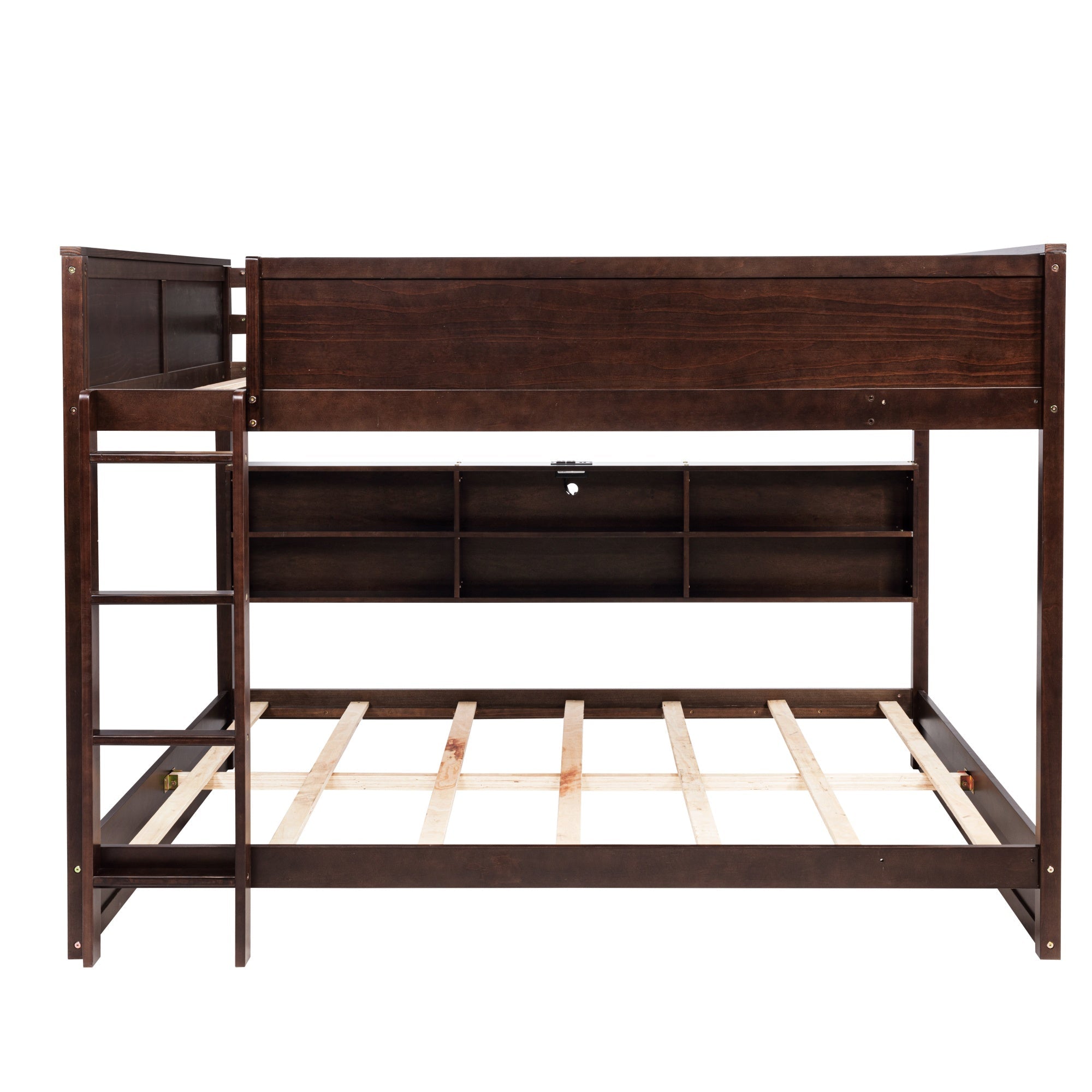 Bellemave® Queen Size Solid Pine Wood Bunk Bed with Built - in Storage Cabinets, Charging Station, Ladder, Safety Guardrails - Bellemave