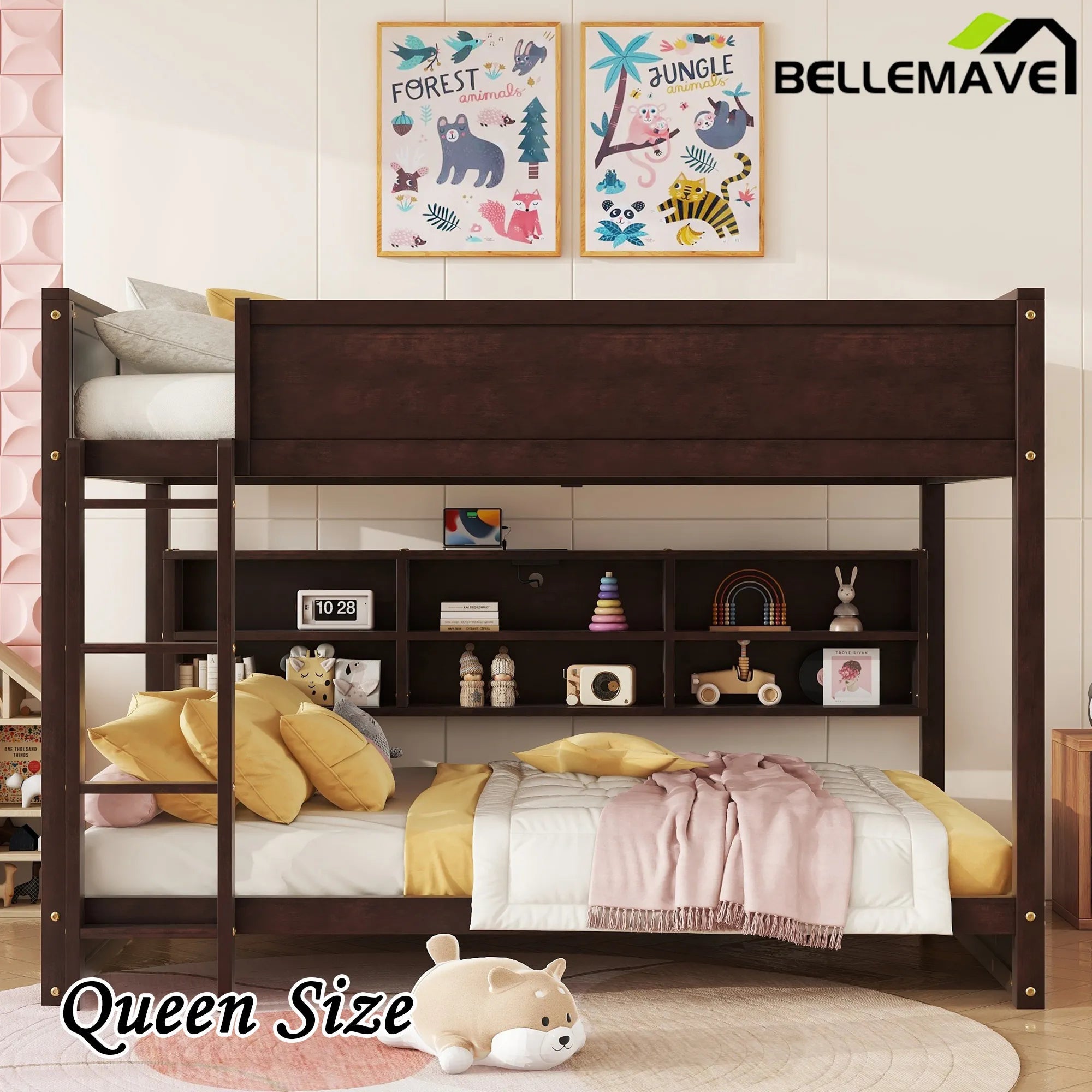Bellemave® Queen Size Solid Pine Wood Bunk Bed with Built - in Storage Cabinets, Charging Station, Ladder, Safety Guardrails - Bellemave