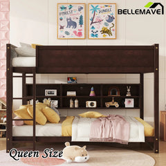 Bellemave® Queen Size Solid Pine Wood Bunk Bed with Built - in Storage Cabinets, Charging Station, Ladder, Safety Guardrails - Bellemave