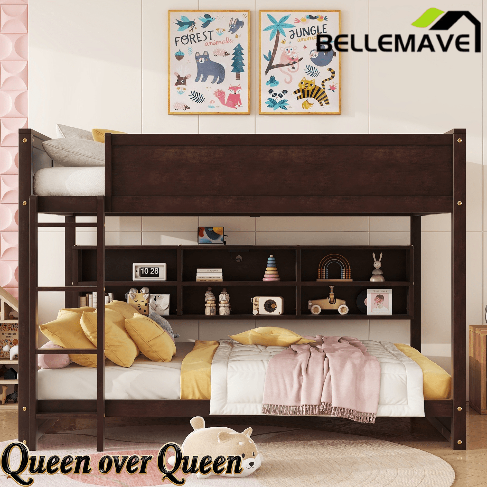 Bellemave® Queen Size Solid Pine Wood Bunk Bed with Built - in Storage Cabinets, Charging Station, Ladder, Safety Guardrails - Bellemave