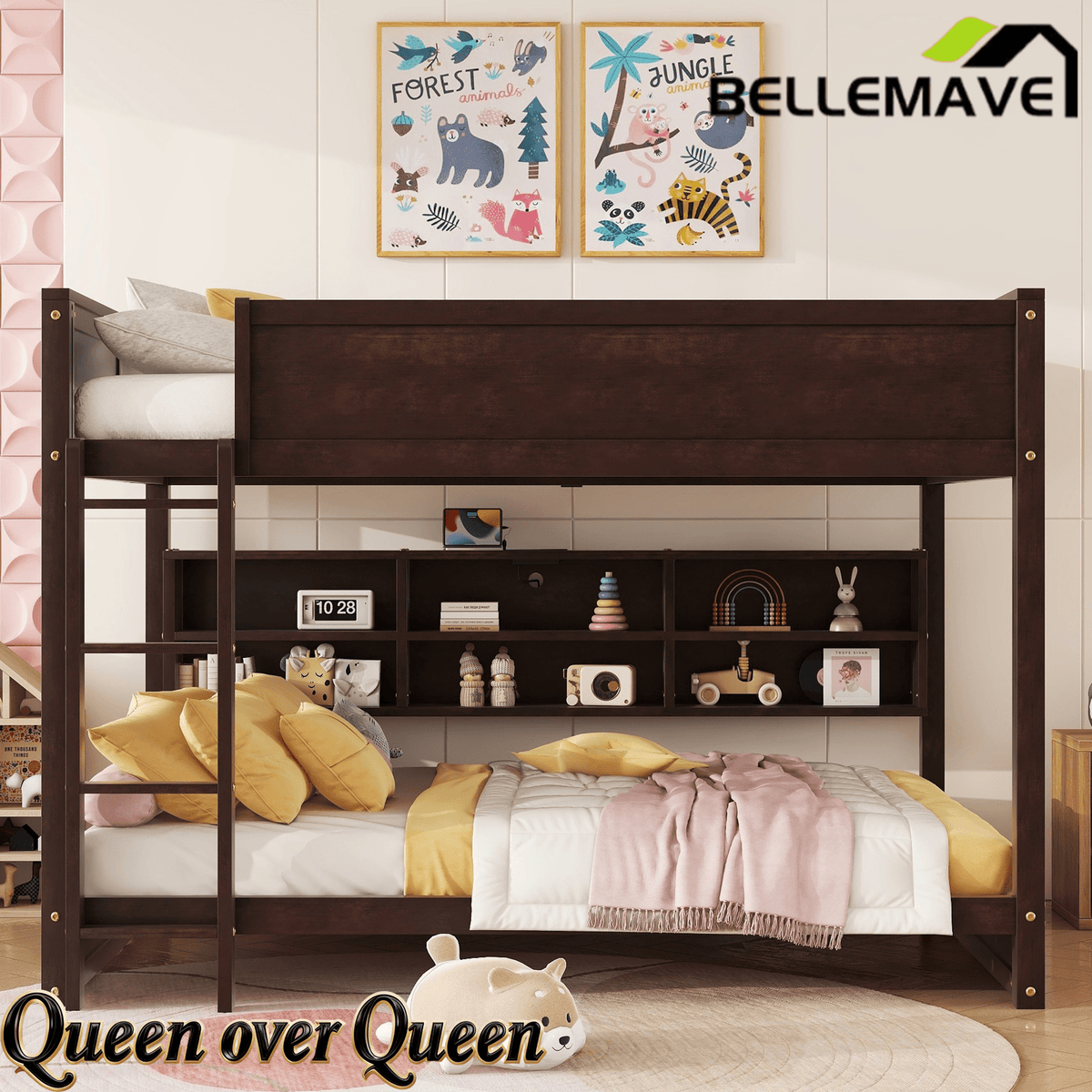 Bellemave® Queen Size Solid Pine Wood Bunk Bed with Built - in Storage Cabinets, Charging Station, Ladder, Safety Guardrails - Bellemave