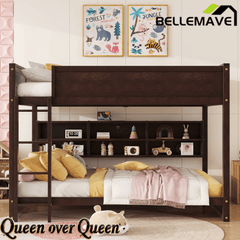 Bellemave® Queen Size Solid Pine Wood Bunk Bed with Built - in Storage Cabinets, Charging Station, Ladder, Safety Guardrails - Bellemave