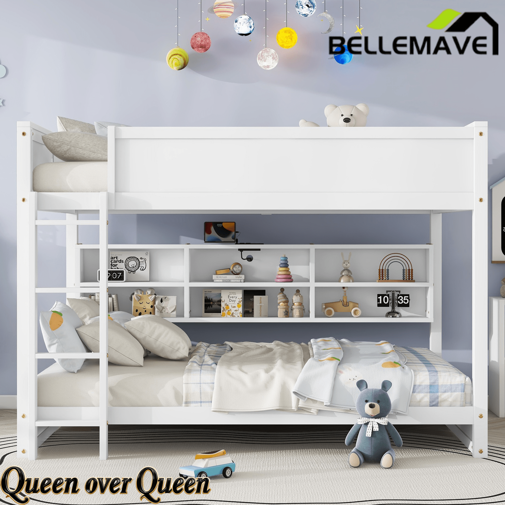 Bellemave® Queen Size Solid Pine Wood Bunk Bed with Built - in Storage Cabinets, Charging Station, Ladder, Safety Guardrails - Bellemave