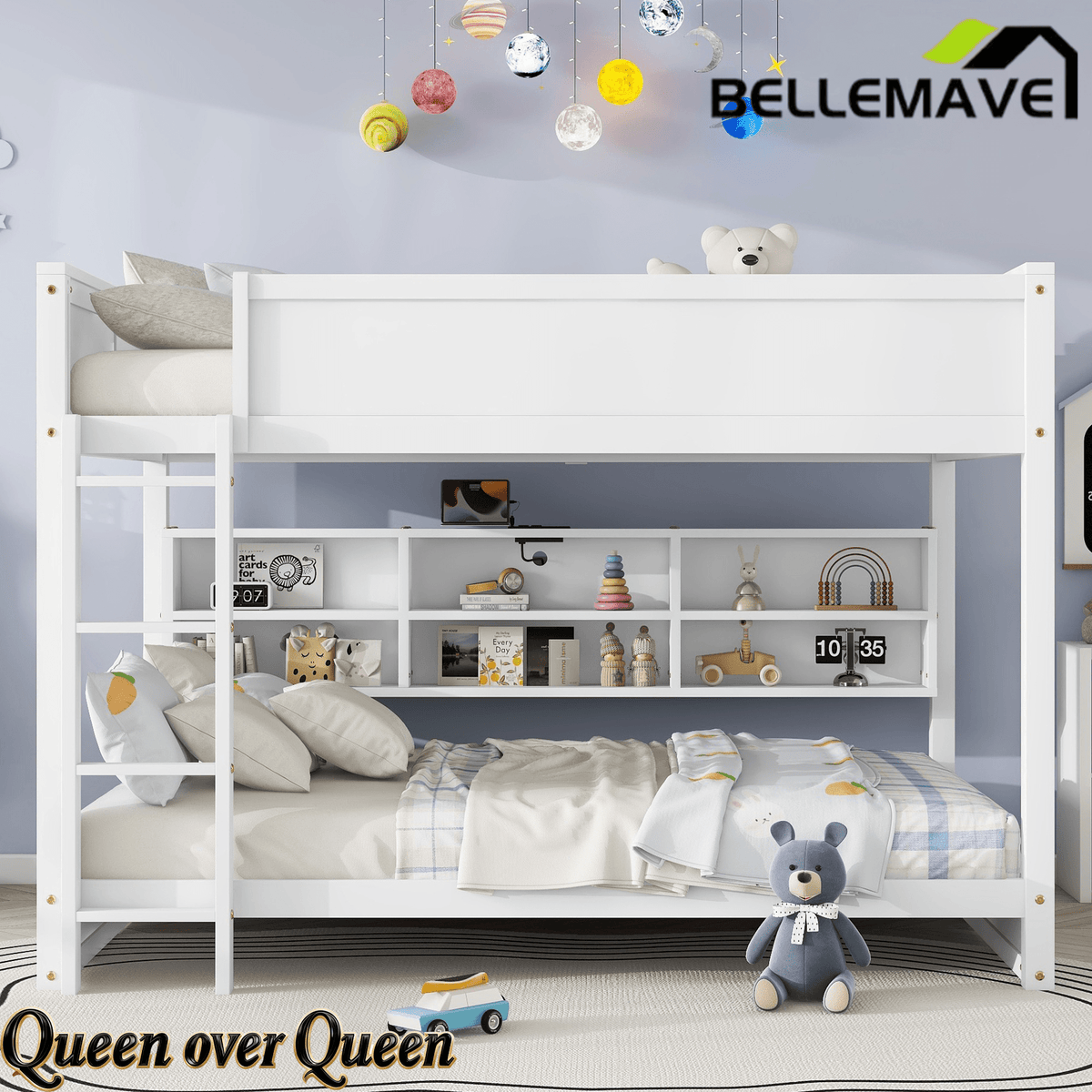 Bellemave® Queen Size Solid Pine Wood Bunk Bed with Built - in Storage Cabinets, Charging Station, Ladder, Safety Guardrails - Bellemave