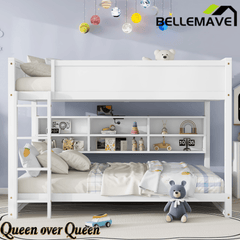Bellemave® Queen Size Solid Pine Wood Bunk Bed with Built - in Storage Cabinets, Charging Station, Ladder, Safety Guardrails - Bellemave