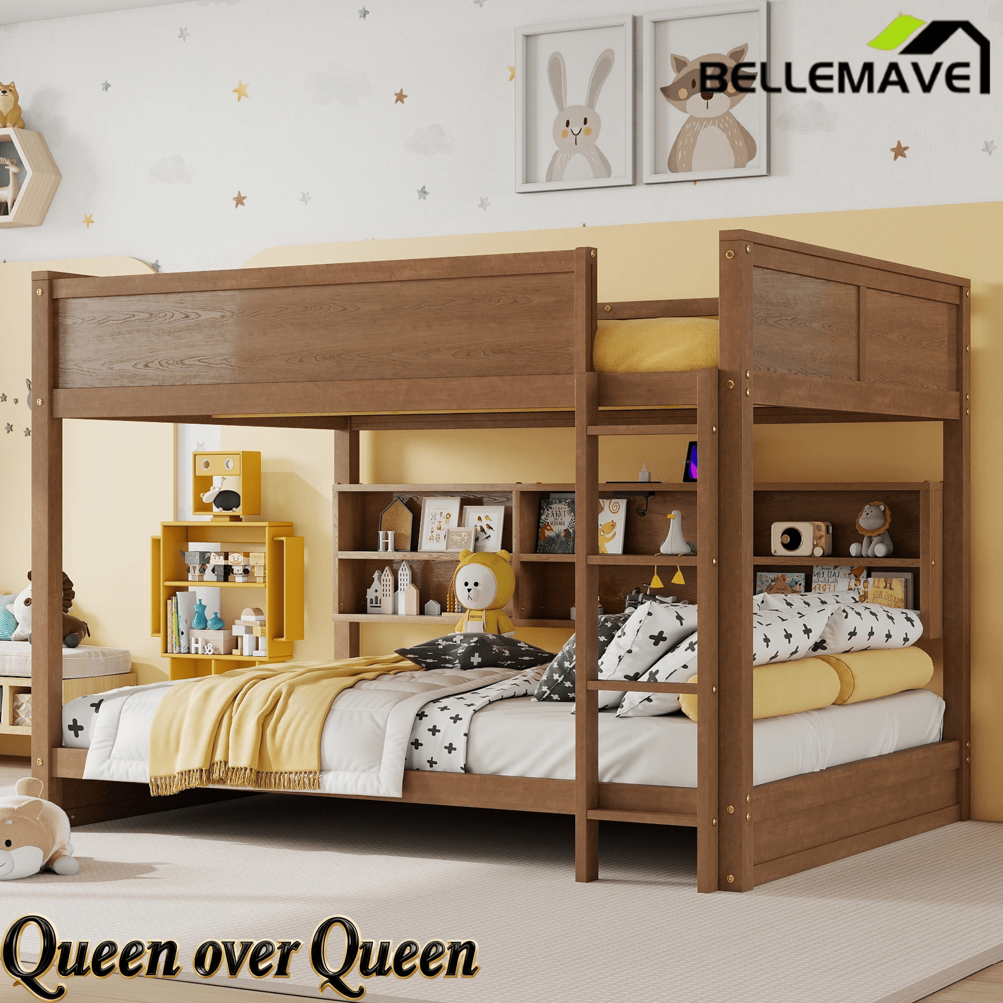Bellemave® Queen Size Solid Pine Wood Bunk Bed with Built - in Storage Cabinets, Charging Station, Ladder, Safety Guardrails - Bellemave