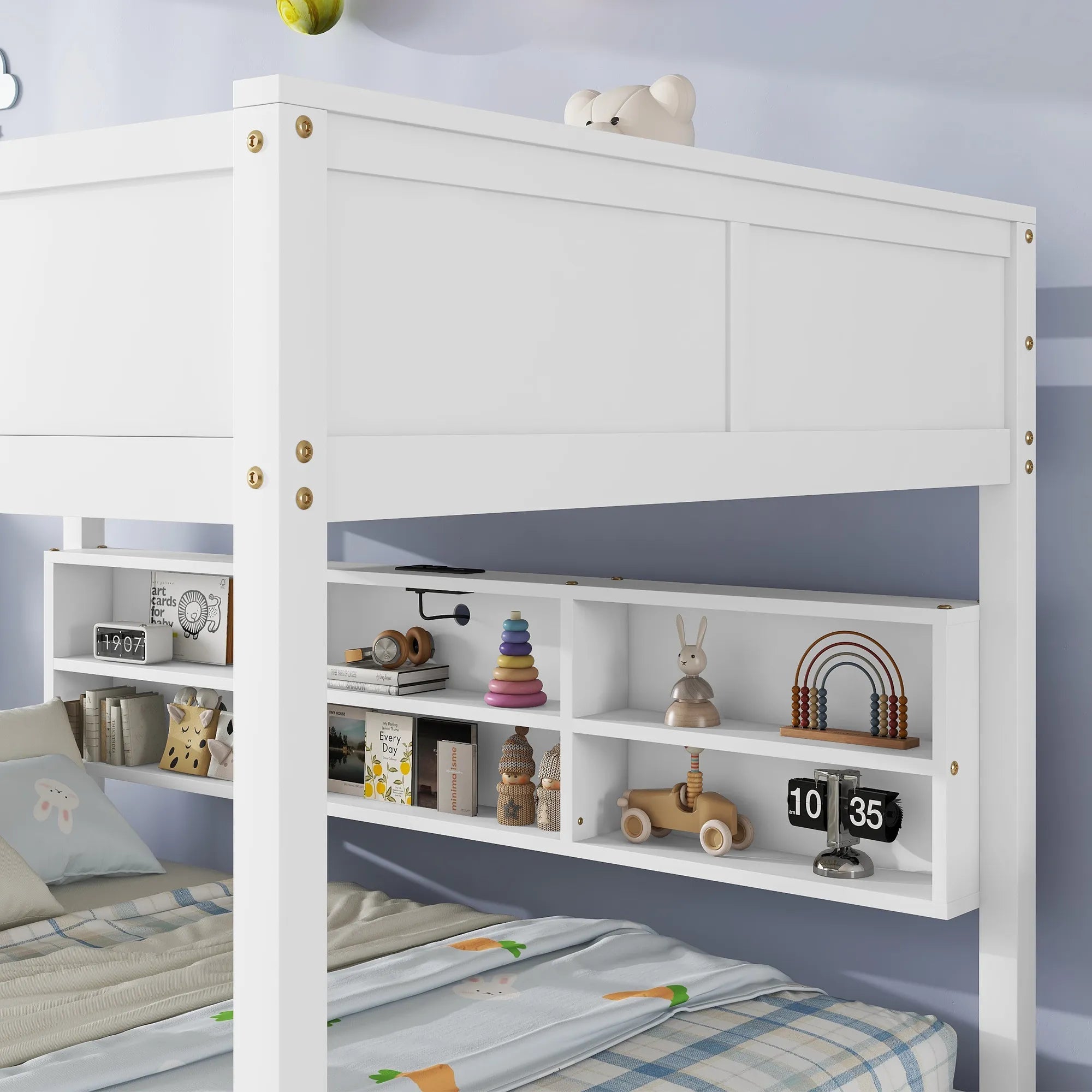 Bellemave® Queen Size Solid Pine Wood Bunk Bed with Built - in Storage Cabinets, Charging Station, Ladder, Safety Guardrails - Bellemave