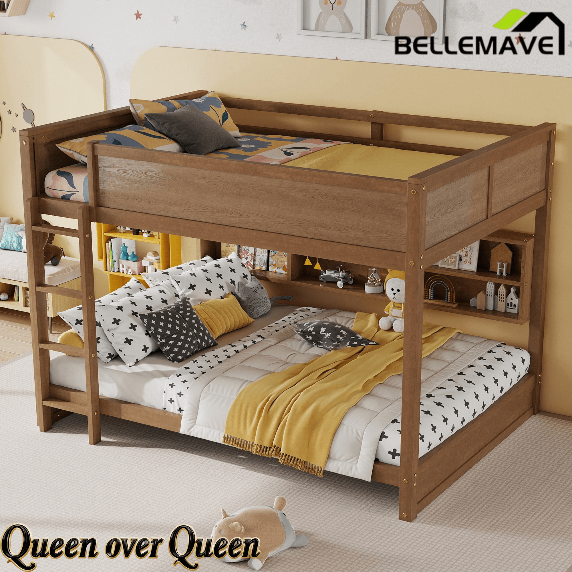 Bellemave® Queen Size Solid Pine Wood Bunk Bed with Built - in Storage Cabinets, Charging Station, Ladder, Safety Guardrails - Bellemave