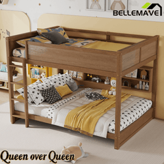 Bellemave® Queen Size Solid Pine Wood Bunk Bed with Built - in Storage Cabinets, Charging Station, Ladder, Safety Guardrails - Bellemave