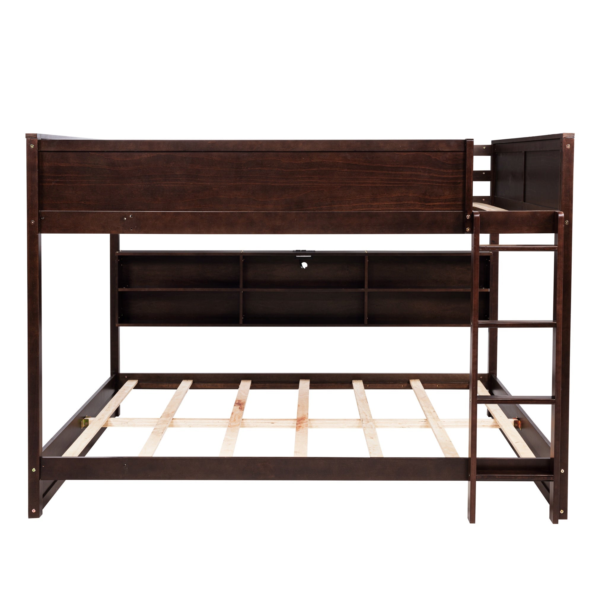 Bellemave® Queen Size Solid Pine Wood Bunk Bed with Built - in Storage Cabinets, Charging Station, Ladder, Safety Guardrails - Bellemave
