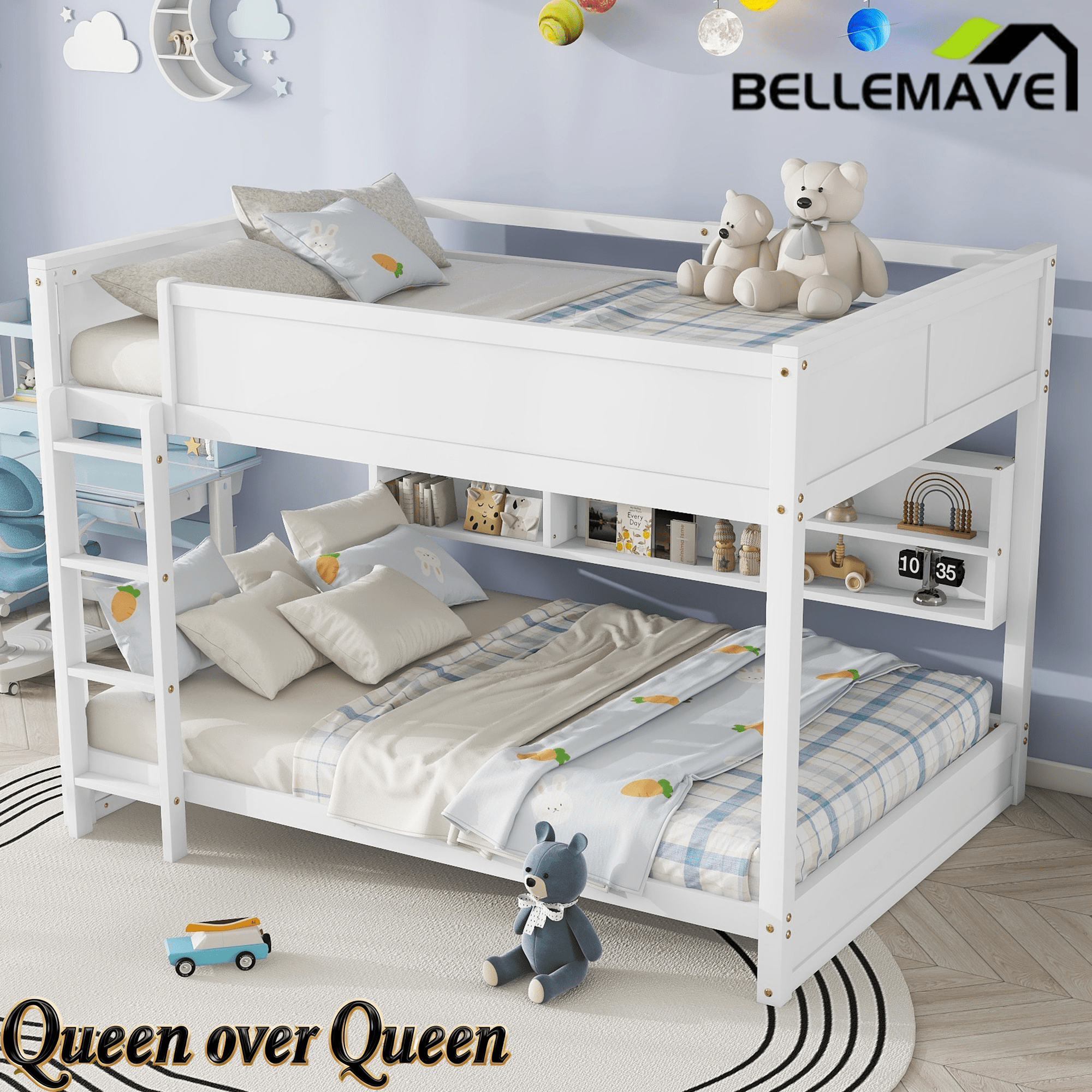 Bellemave® Queen Size Solid Pine Wood Bunk Bed with Built - in Storage Cabinets, Charging Station, Ladder, Safety Guardrails - Bellemave