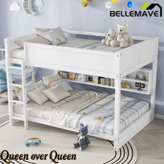 Bellemave® Queen Size Solid Pine Wood Bunk Bed with Built - in Storage Cabinets, Charging Station, Ladder, Safety Guardrails - Bellemave