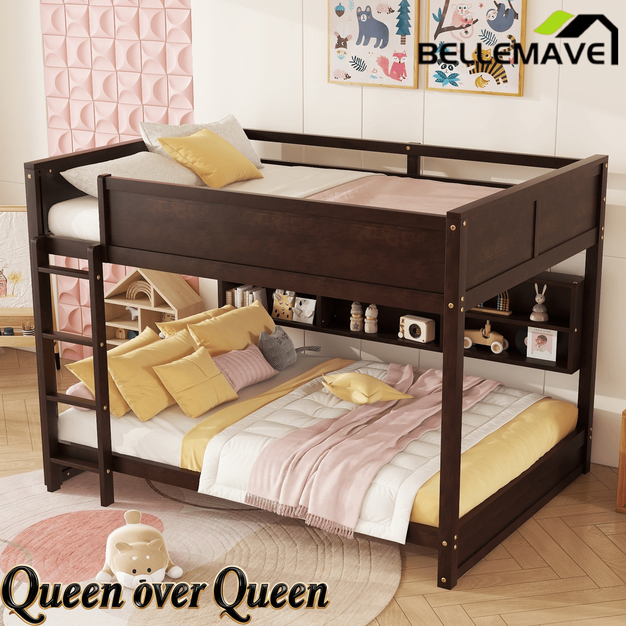 Bellemave® Queen Size Solid Pine Wood Bunk Bed with Built - in Storage Cabinets, Charging Station, Ladder, Safety Guardrails - Bellemave