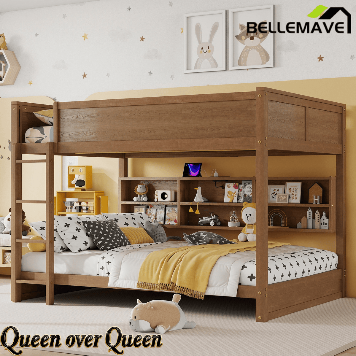 Bellemave® Queen Size Solid Pine Wood Bunk Bed with Built - in Storage Cabinets, Charging Station, Ladder, Safety Guardrails - Bellemave