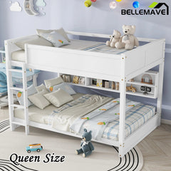 Bellemave® Queen Size Solid Pine Wood Bunk Bed with Built - in Storage Cabinets, Charging Station, Ladder, Safety Guardrails - Bellemave