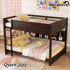 Bellemave® Queen Size Solid Pine Wood Bunk Bed with Built - in Storage Cabinets, Charging Station, Ladder, Safety Guardrails - Bellemave