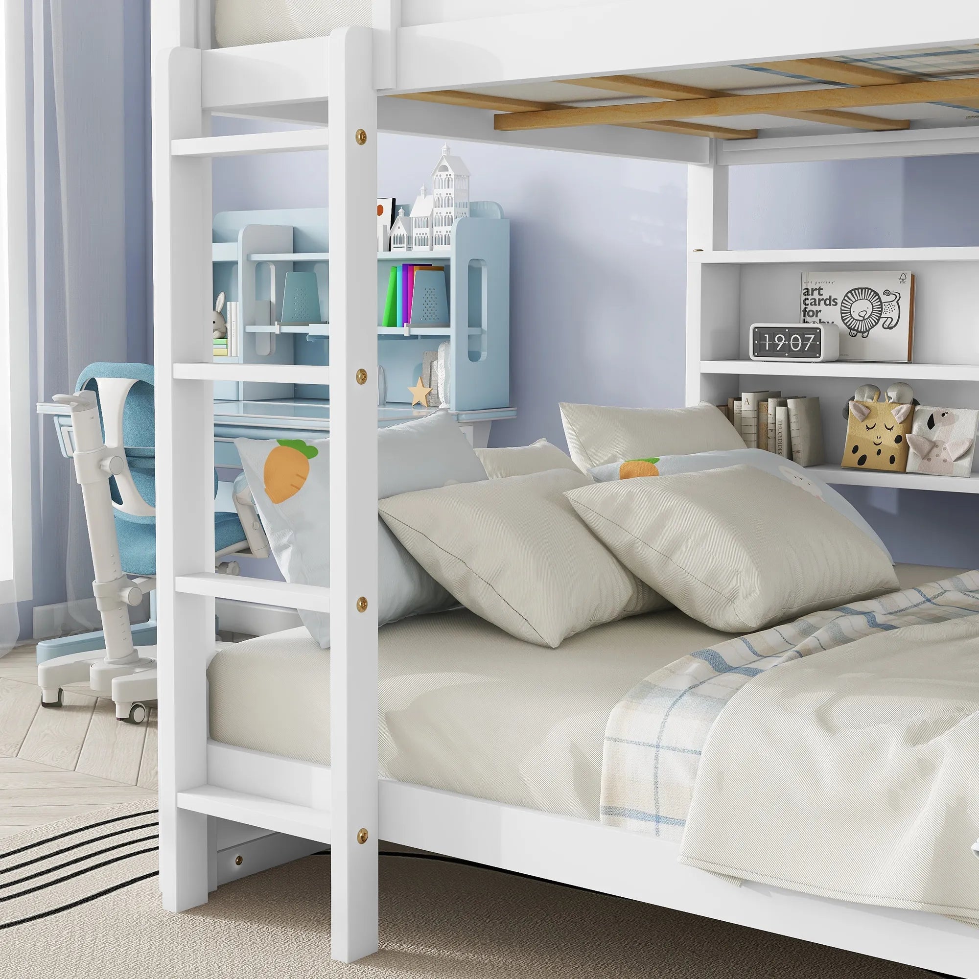 Bellemave® Queen Size Solid Pine Wood Bunk Bed with Built - in Storage Cabinets, Charging Station, Ladder, Safety Guardrails - Bellemave