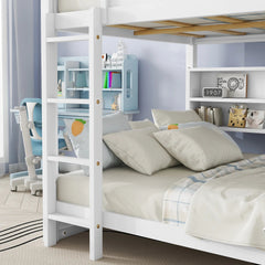 Bellemave® Queen Size Solid Pine Wood Bunk Bed with Built - in Storage Cabinets, Charging Station, Ladder, Safety Guardrails - Bellemave