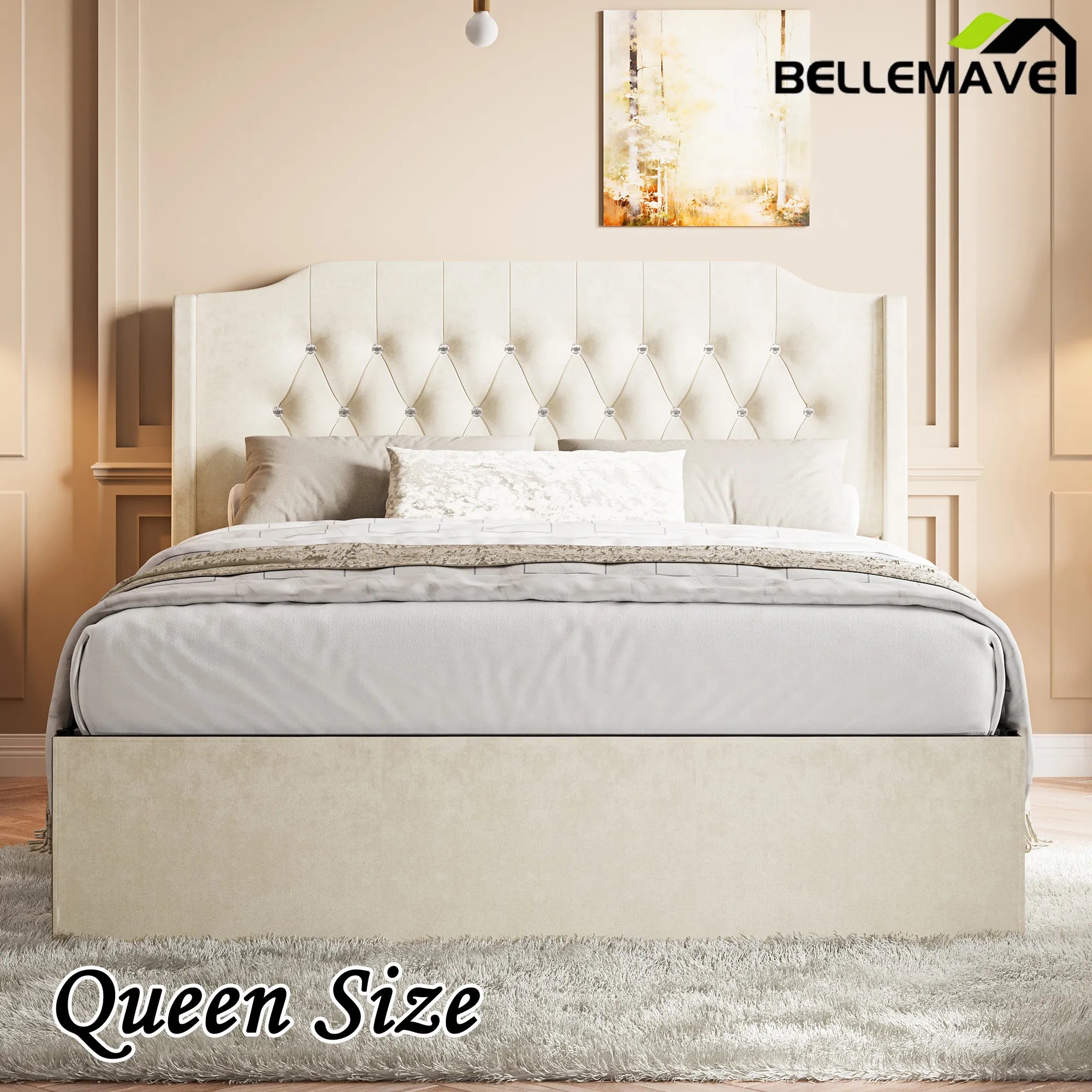 Bellemave® Queen Size Tufted Upholstered Bed, Wingback Headboard with Crystal Button Accents, Under - Bed Storage Space - Bellemave
