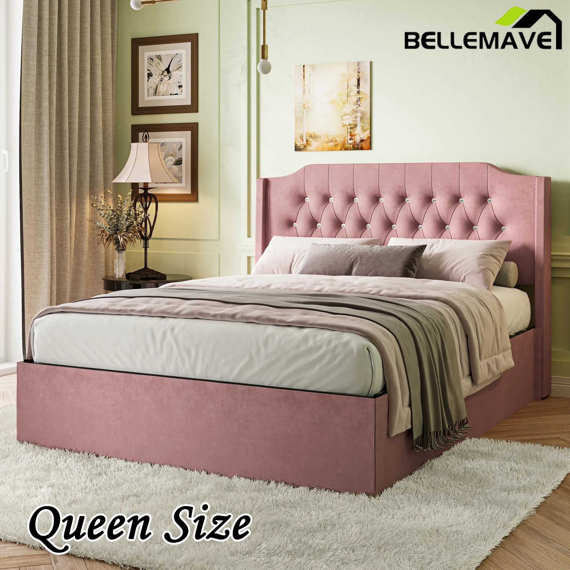 Bellemave® Queen Size Tufted Upholstered Bed, Wingback Headboard with Crystal Button Accents, Under - Bed Storage Space - Bellemave