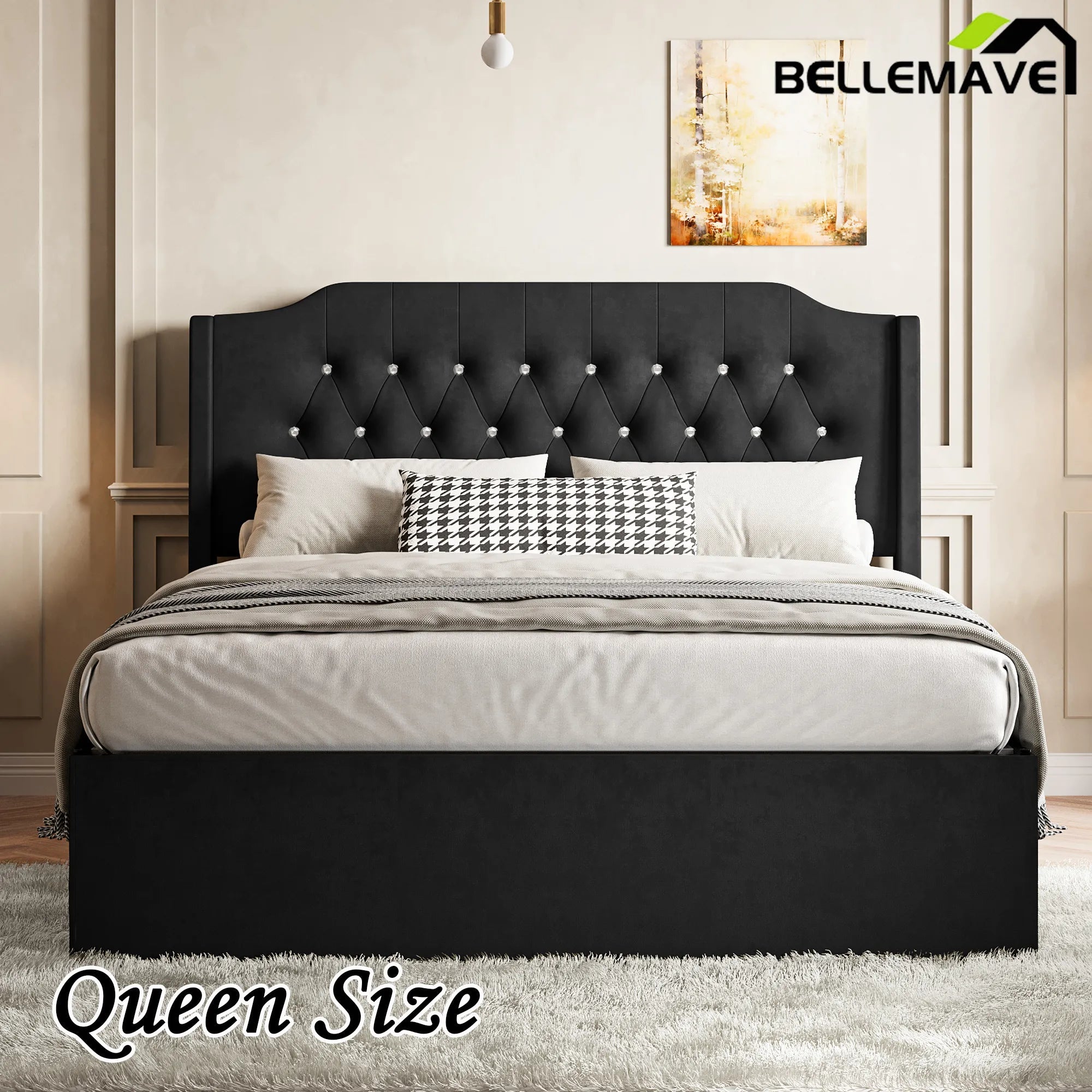 Bellemave® Queen Size Tufted Upholstered Bed, Wingback Headboard with Crystal Button Accents, Under - Bed Storage Space - Bellemave