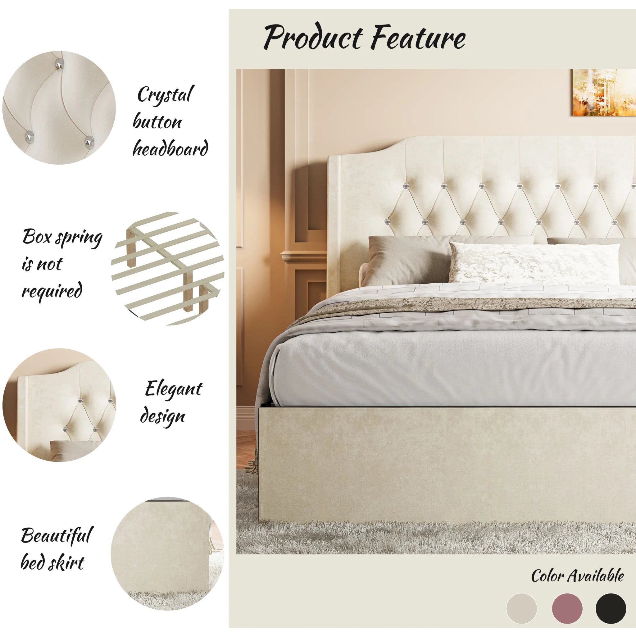 Bellemave® Queen Size Tufted Upholstered Bed, Wingback Headboard with Crystal Button Accents, Under - Bed Storage Space - Bellemave