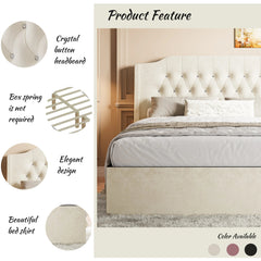 Bellemave® Queen Size Tufted Upholstered Bed, Wingback Headboard with Crystal Button Accents, Under - Bed Storage Space - Bellemave