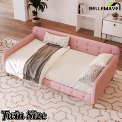 Bellemave Queen Size Upholstered Daybed with 4 Support Legs, Corner Bed, Upholstered Bedframe for Kids,Teens,Adults, Pink (Linen) - Bellemave
