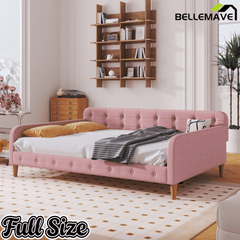 Bellemave Queen Size Upholstered Daybed with 4 Support Legs, Corner Bed, Upholstered Bedframe for Kids,Teens,Adults, Pink (Linen) - Bellemave