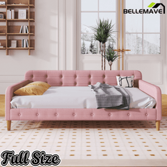 Bellemave Queen Size Upholstered Daybed with 4 Support Legs, Corner Bed, Upholstered Bedframe for Kids,Teens,Adults, Pink (Linen) - Bellemave