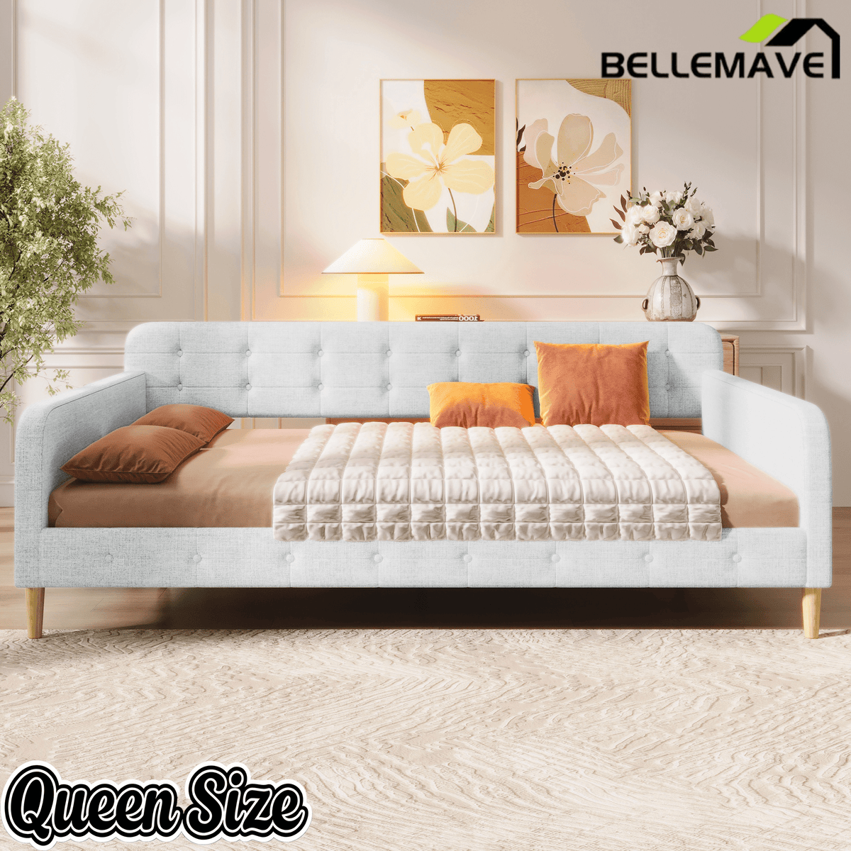 Bellemave Queen Size Upholstered Daybed with 4 Support Legs, Corner Bed, Upholstered Bedframe for Kids,Teens,Adults, Pink (Linen) - Bellemave