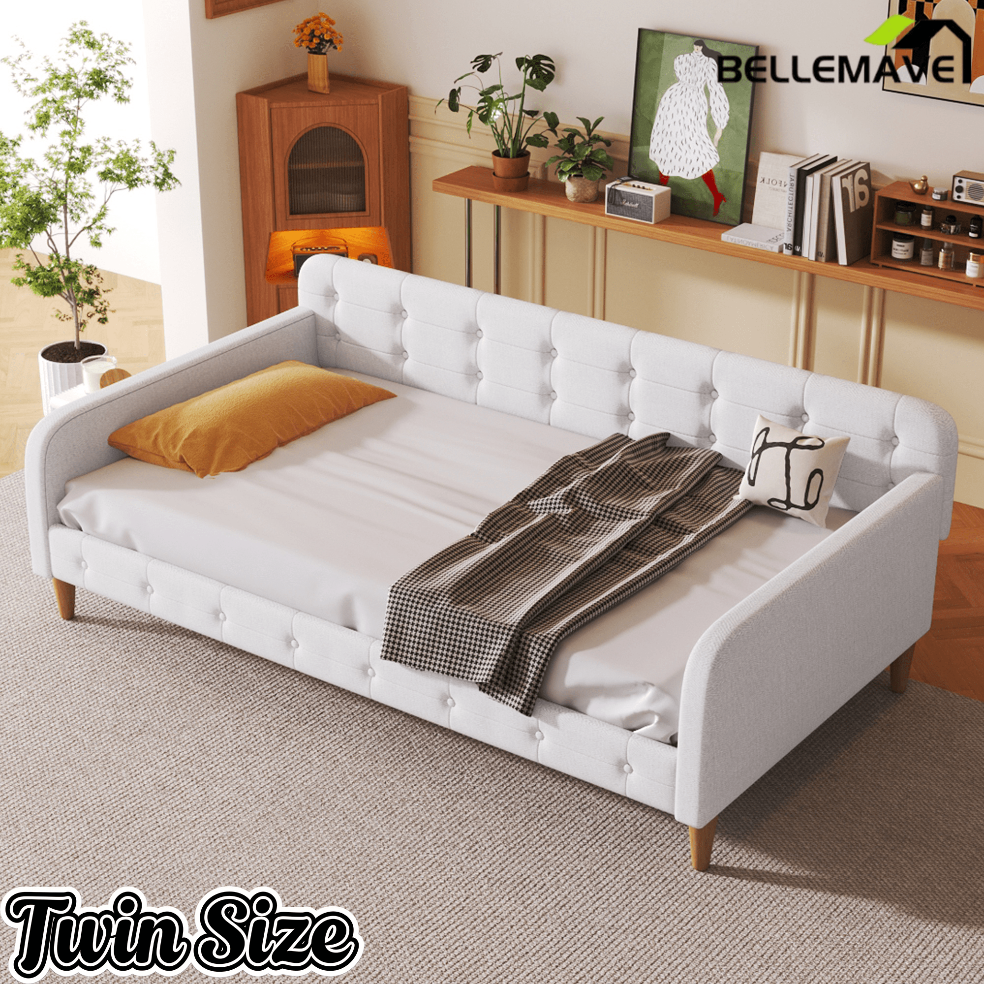 Bellemave Queen Size Upholstered Daybed with 4 Support Legs, Corner Bed, Upholstered Bedframe for Kids,Teens,Adults, Pink (Linen) - Bellemave