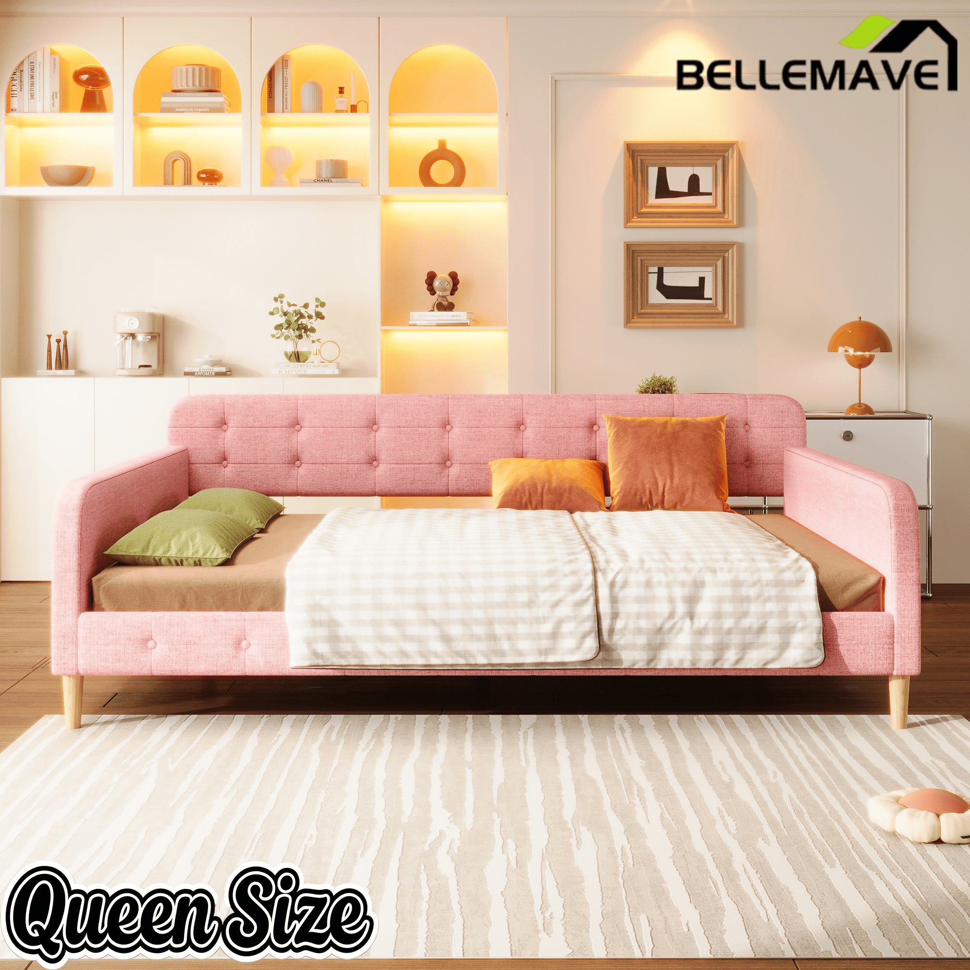 Bellemave Queen Size Upholstered Daybed with 4 Support Legs, Corner Bed, Upholstered Bedframe for Kids,Teens,Adults, Pink (Linen) - Bellemave