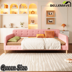Bellemave Queen Size Upholstered Daybed with 4 Support Legs, Corner Bed, Upholstered Bedframe for Kids,Teens,Adults, Pink (Linen) - Bellemave