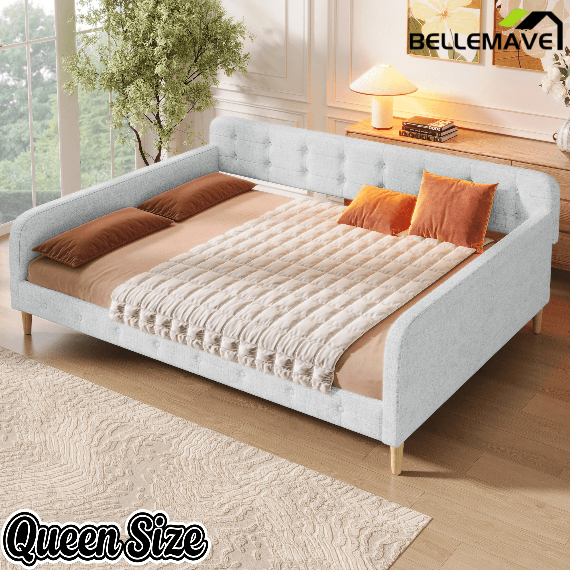 Bellemave Queen Size Upholstered Daybed with 4 Support Legs, Corner Bed, Upholstered Bedframe for Kids,Teens,Adults, Pink (Linen) - Bellemave