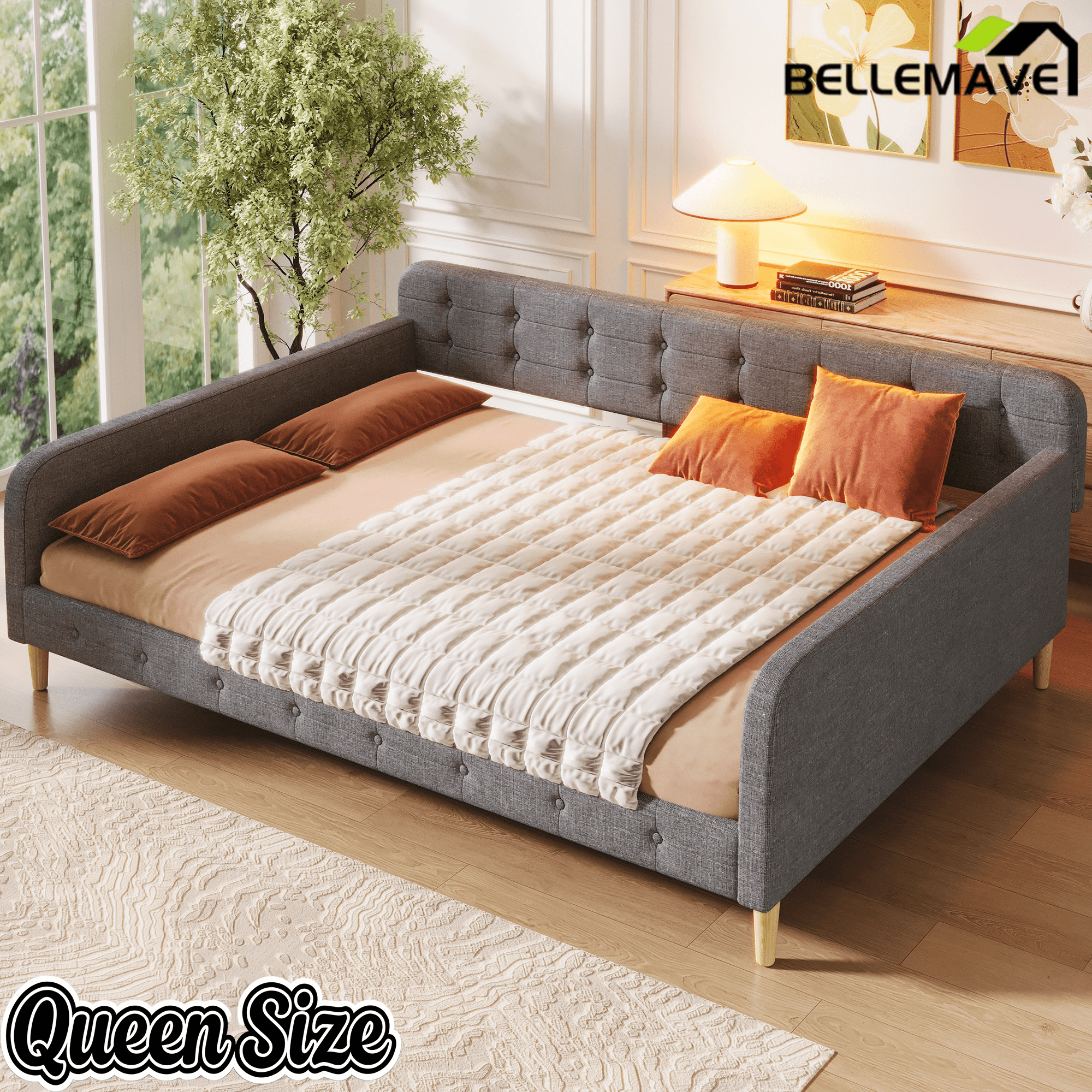 Bellemave Queen Size Upholstered Daybed with 4 Support Legs, Corner Bed, Upholstered Bedframe for Kids,Teens,Adults, Pink (Linen) - Bellemave