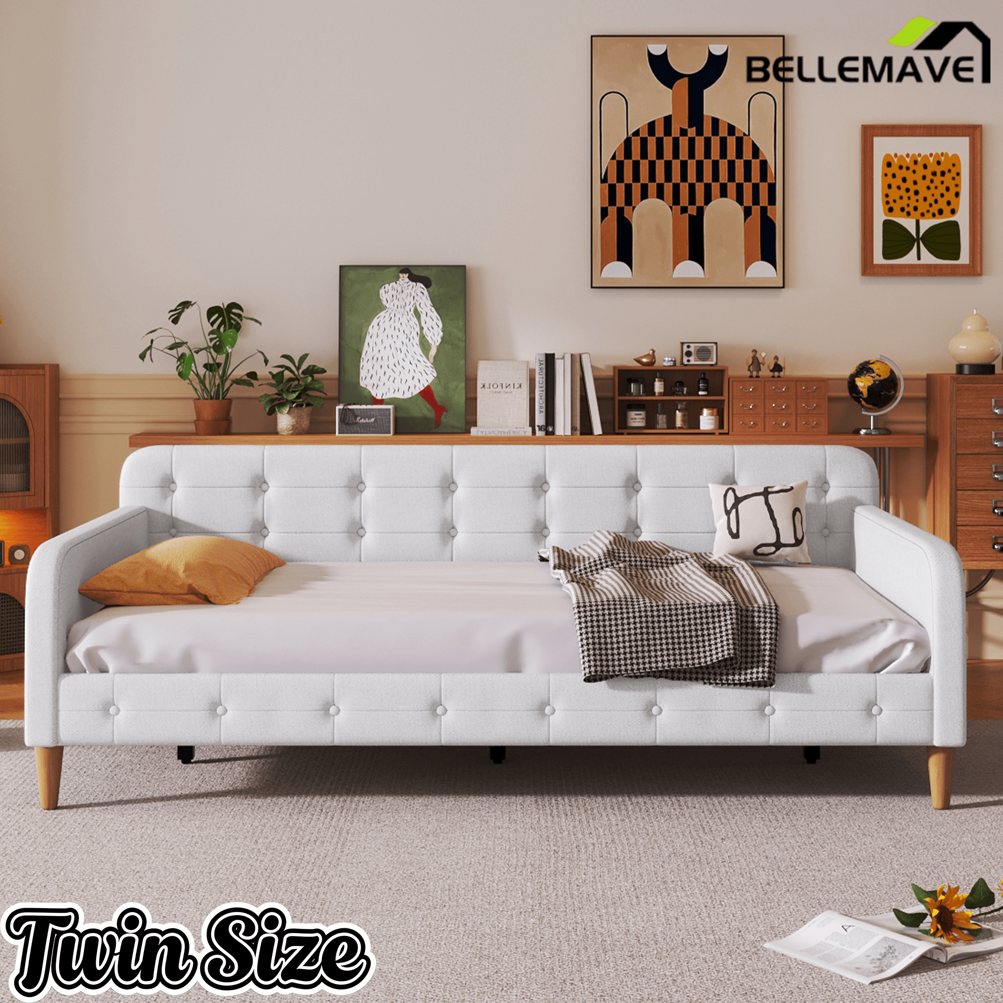 Bellemave Queen Size Upholstered Daybed with 4 Support Legs, Corner Bed, Upholstered Bedframe for Kids,Teens,Adults, Pink (Linen) - Bellemave