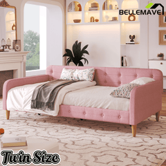 Bellemave Queen Size Upholstered Daybed with 4 Support Legs, Corner Bed, Upholstered Bedframe for Kids,Teens,Adults, Pink (Linen) - Bellemave