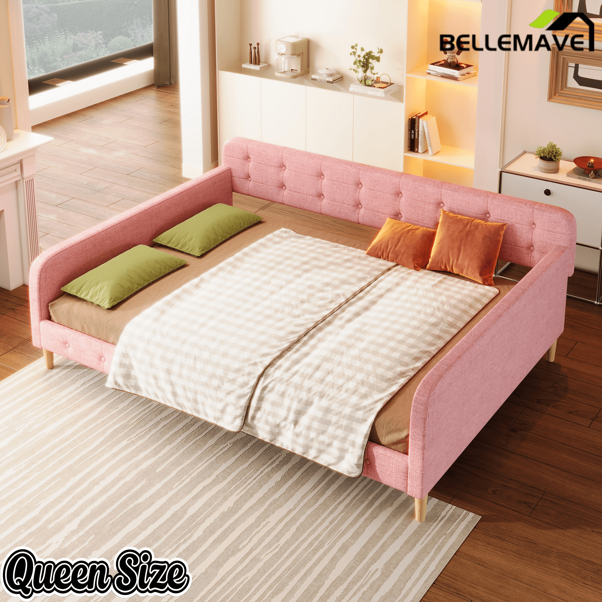 Bellemave Queen Size Upholstered Daybed with 4 Support Legs, Corner Bed, Upholstered Bedframe for Kids,Teens,Adults, Pink (Linen) - Bellemave