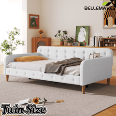 Bellemave Queen Size Upholstered Daybed with 4 Support Legs, Corner Bed, Upholstered Bedframe for Kids,Teens,Adults, Pink (Linen) - Bellemave