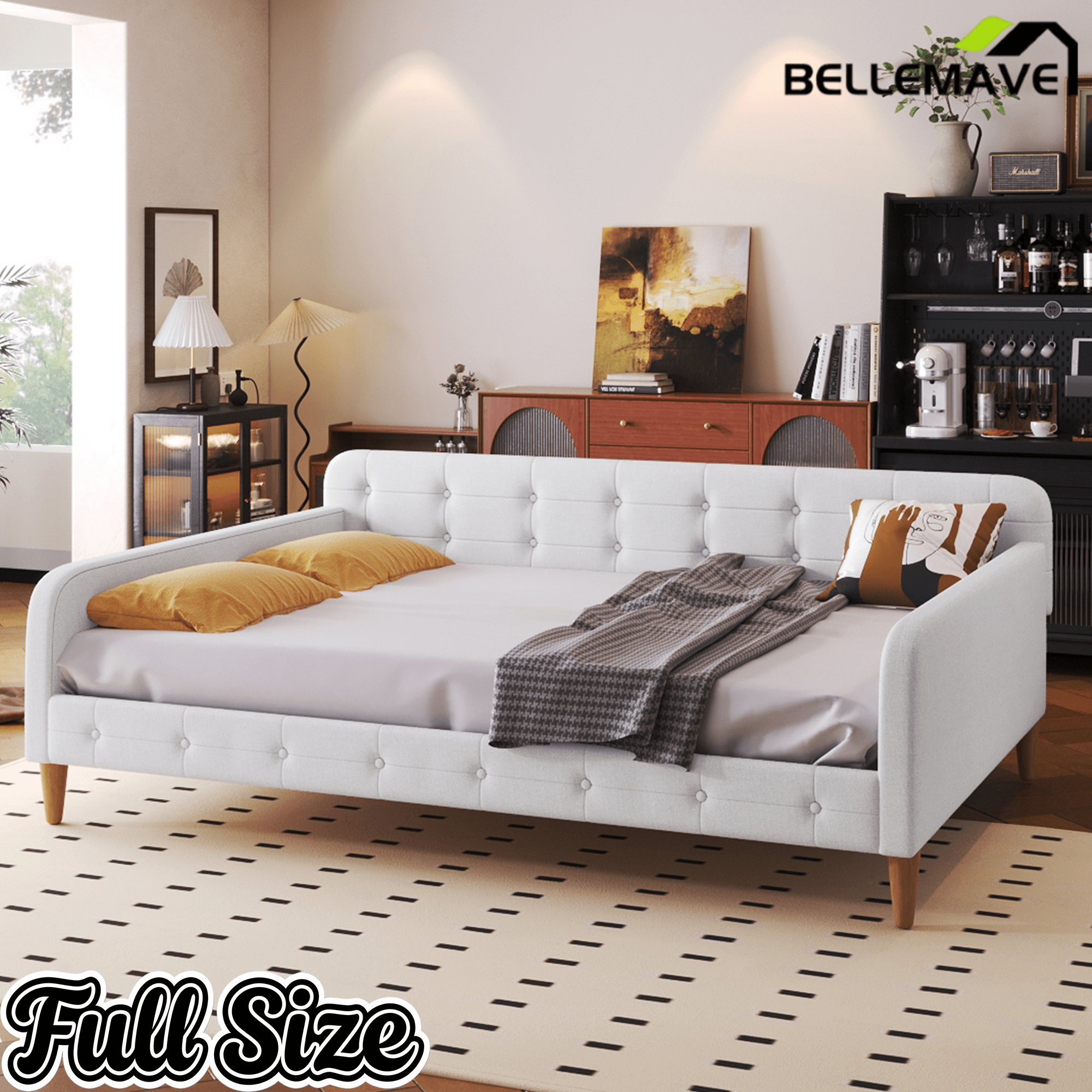 Bellemave Queen Size Upholstered Daybed with 4 Support Legs, Corner Bed, Upholstered Bedframe for Kids,Teens,Adults, Pink (Linen) - Bellemave