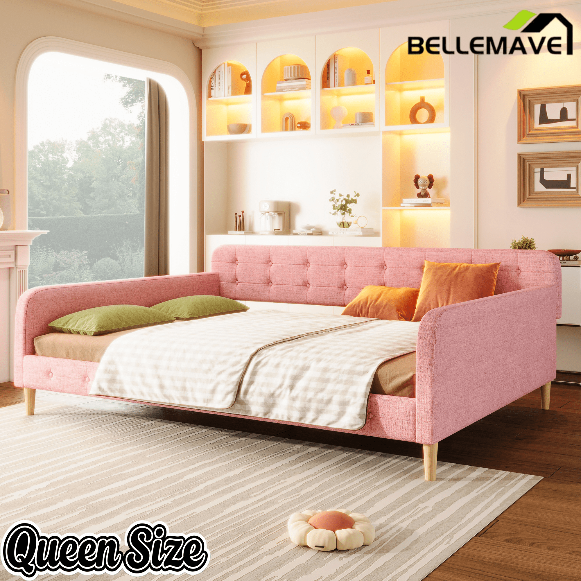 Bellemave Queen Size Upholstered Daybed with 4 Support Legs, Corner Bed, Upholstered Bedframe for Kids,Teens,Adults, Pink (Linen) - Bellemave