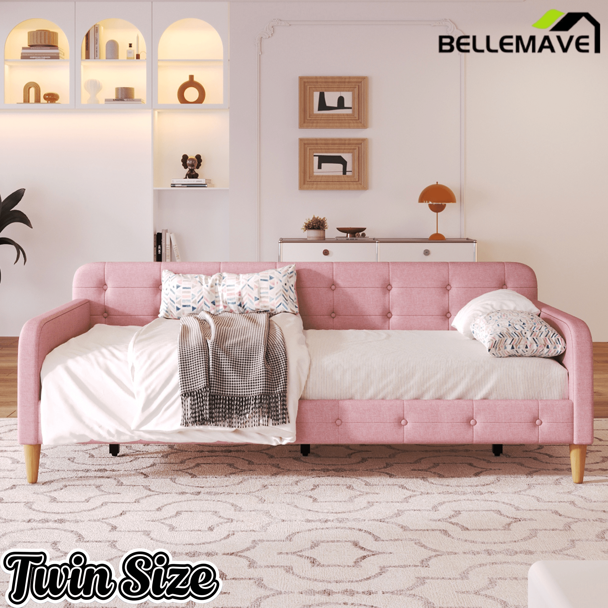 Bellemave Queen Size Upholstered Daybed with 4 Support Legs, Corner Bed, Upholstered Bedframe for Kids,Teens,Adults, Pink (Linen) - Bellemave